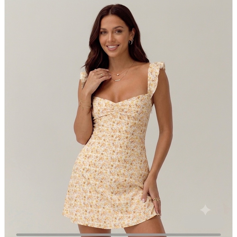 Princess Polly Landon Yellow Floral Ruffle Lace Up Back Mini Dress US 2